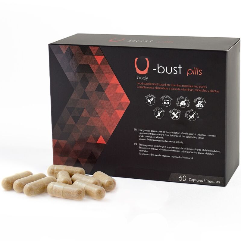 Capsule U-Bust di 500 Cosmetics per l'ingrossamento del seno, confezione da 60 capsule, con blister e istruzioni visibili