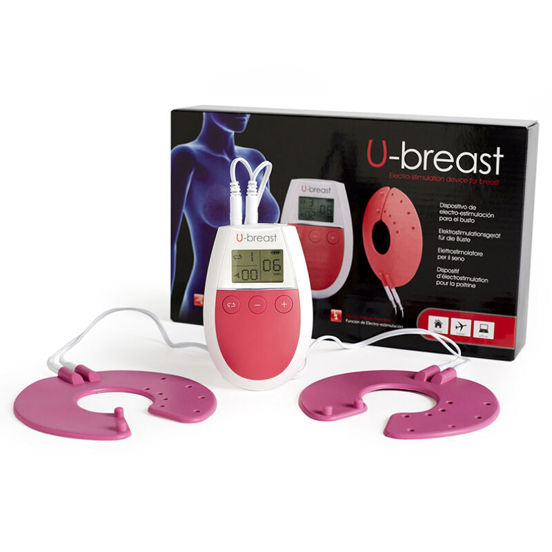 Dispositivo di elettrostimolazione per aumento del seno 500COSMETICS, con cavi e pannello di controllo.