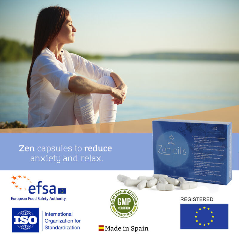 Capsule di 500COSMETICS Zen Pills per ridurre l'ansia, contenitore di pillole naturali per il benessere mentale.