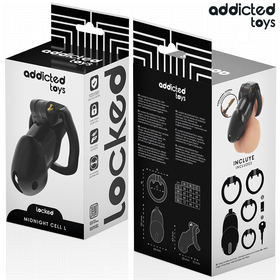 Gabbia per pene di taglia L ADDICTED TOYS LOCKED MINDNIGHT CELL, struttura in metallo nero, chiusura sicura, design robusto.