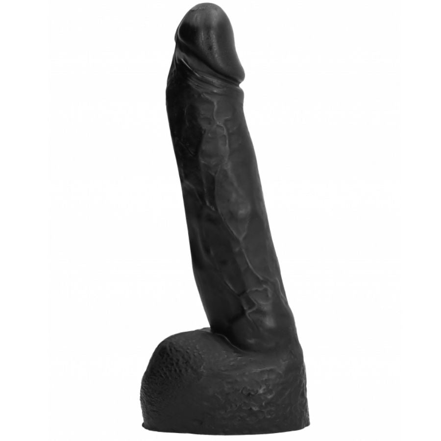 Dildo nero da 20 cm con pugno, prodotto della marca ALL BLACK, visibile in primo piano.