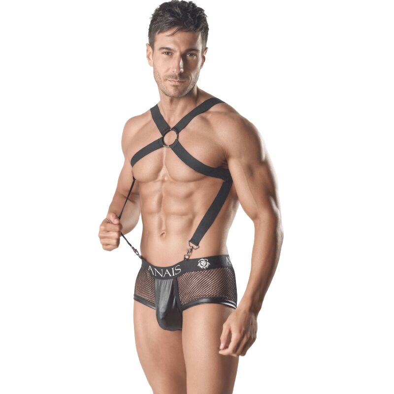 Pettorina ANAIS MEN Axel II S/M in tessuto nero con fibbie in metallo, accessorio elegante per cani.
