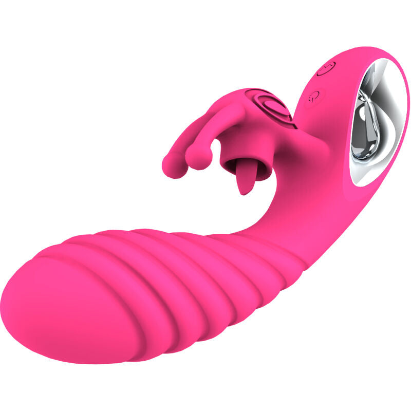 Vibratore Vicky Rabbit di ARMONY VIBRATORS con linguetta e tirante fucsia, design colorato e dettagli realistici