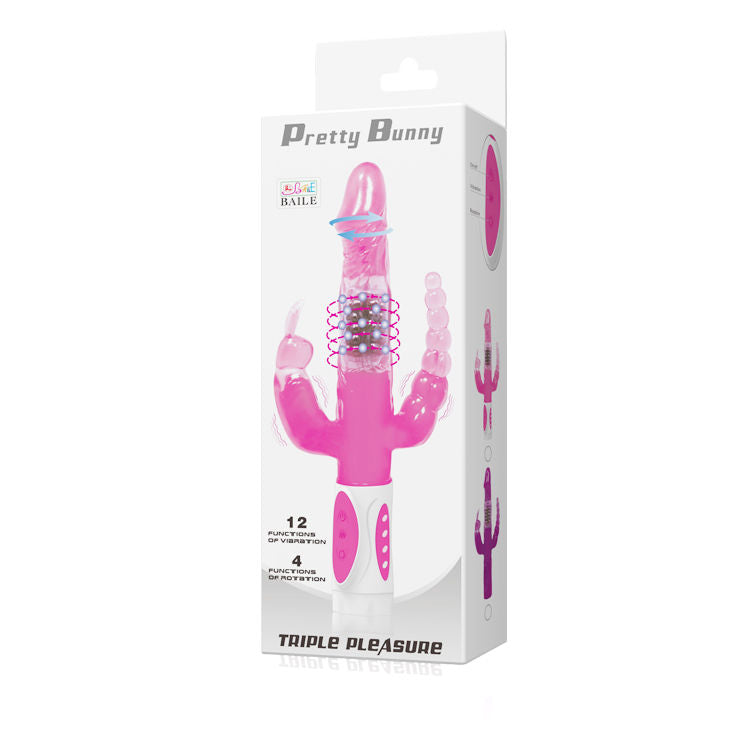 Vibratore rotatore BAILE Pretty Bunny Triplo con design ergonomico e stimolante, ideale per piacere e relax.