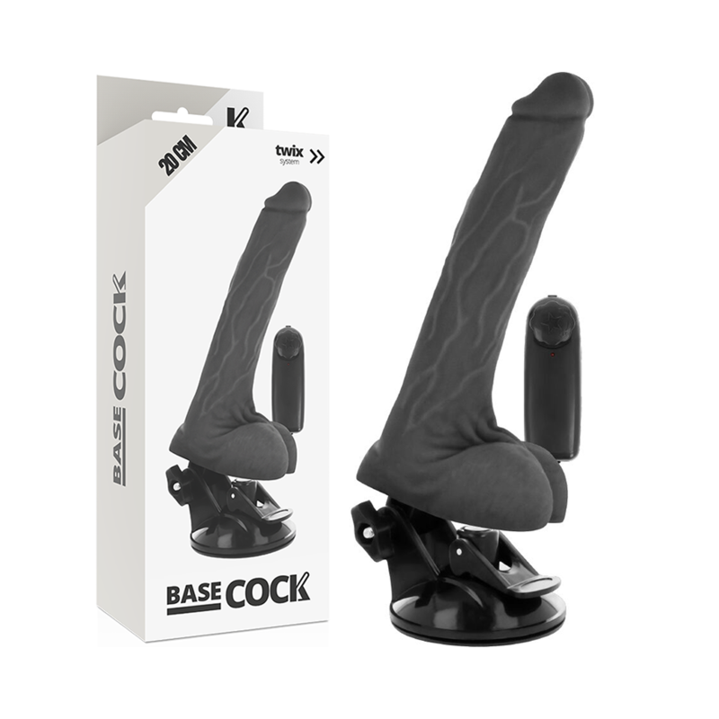 Vibratore telecomando naturale con testicoli, marca BASECOCK, lungo 20 cm e 4 cm di diametro, realistico e dettagliato.
