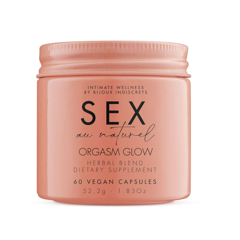 Capsule di integratore alimentare Orgasm Glow di Bijoux au Naturel, 60 capsule, confezione bianca con etichetta colorata.