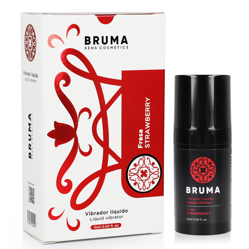 Vibratore liquido ultra scorrevole alla fragola di BRUMA, bottiglia da 15 ml con etichetta illustrativa.
