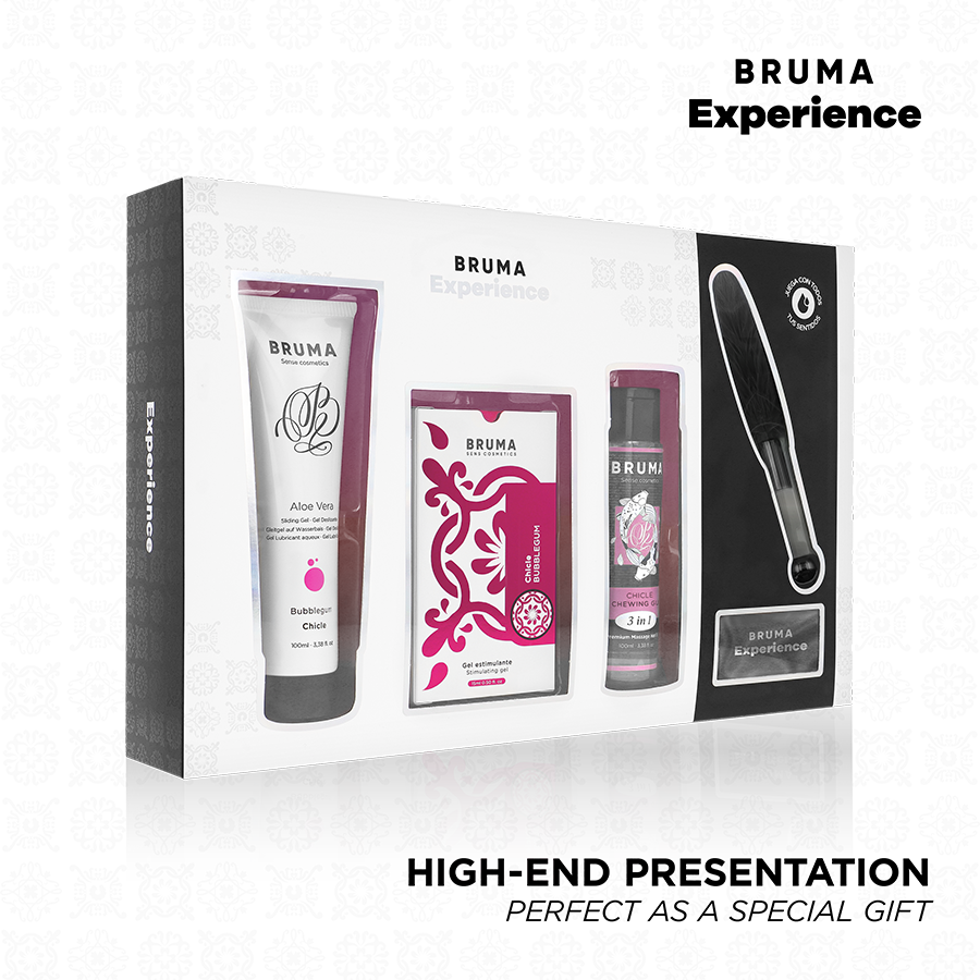 Kit tentazione Sweet Gum di BRUMA XPERIENCE con potenziatore di orgasmo, include lubrificante e spray aromatizzato.