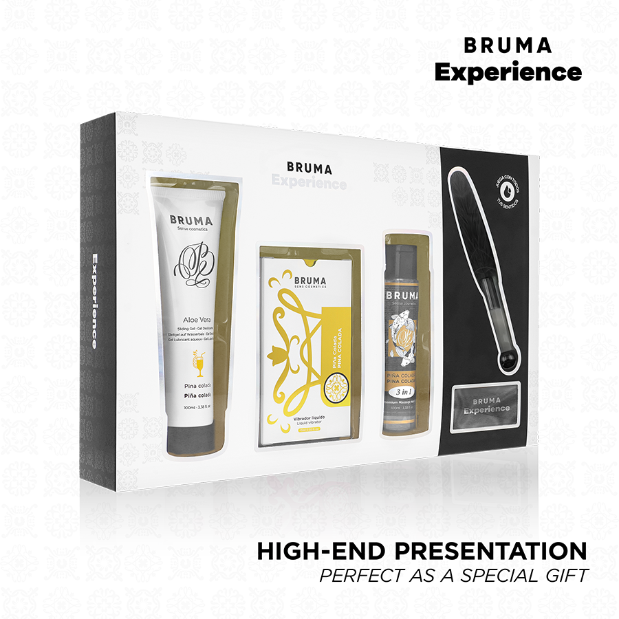 Kit vibratorio BRUMA XPERIENCE Pina Colada, con gadget per orgasmo, in confezione elegante e dettagli visivi del prodotto.
