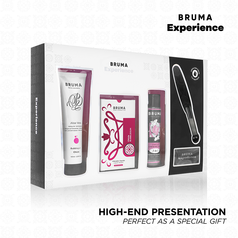 Kit vibratorio BRUMA XPERIENCE per la tentazione di gomme dolci, con dettagli visivi del dispositivo e confezione.