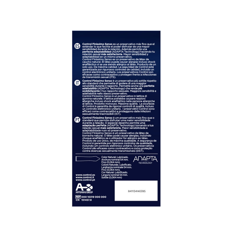 Confezione di 24 preservativi CONTROL ADAPTA con dettagli e logo visibili, ideale per protezione e comfort.