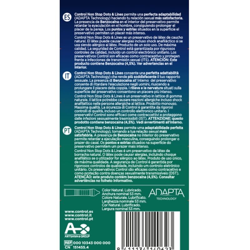 Preservativi CONTROL Nonstop Dots and Lines, confezione da 12 unità, con motivo di punti e linee per maggiore sensazione.