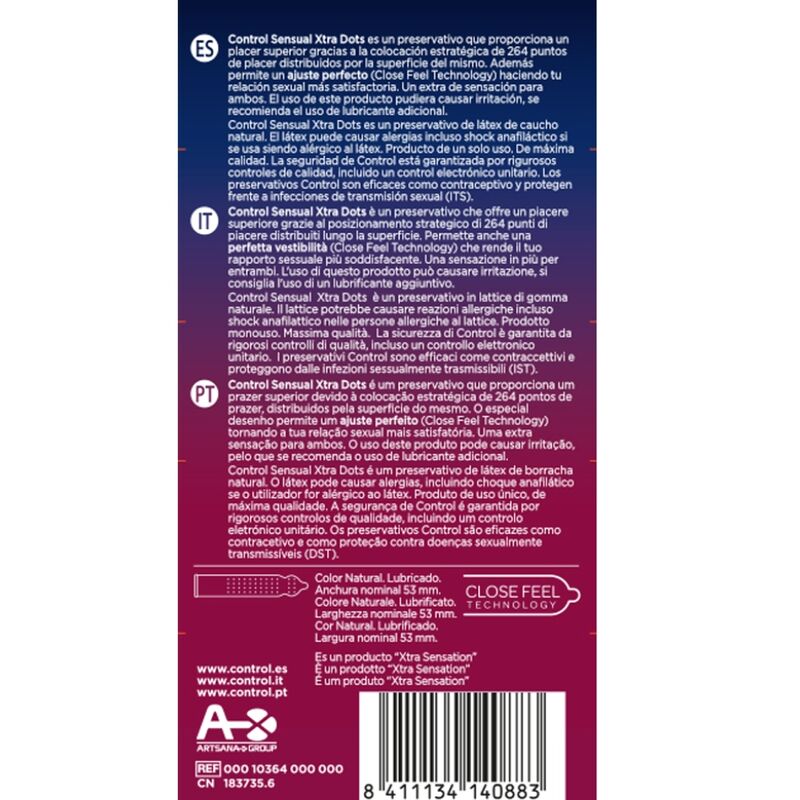 Preservativi CONTROL XTRA DOT, confezione da 12 pezzi, con superficie a punti per una maggiore stimolazione.