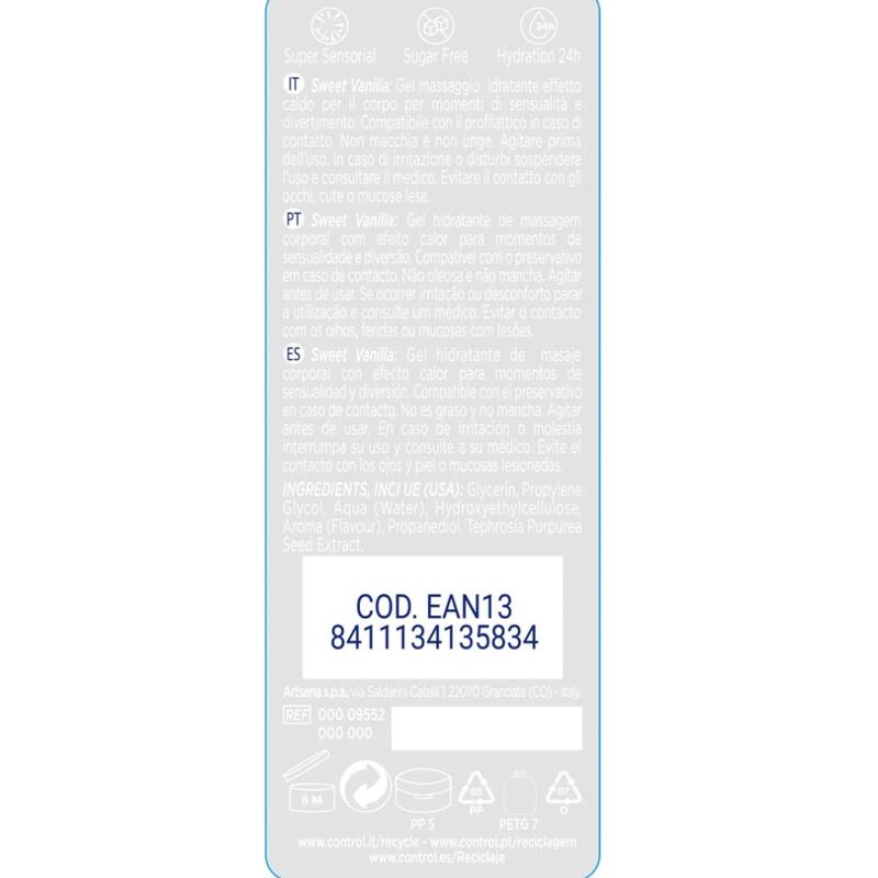 Gel massaggi 2 in 1 CONTROL LUBES, dolce aroma del Madagascar, bottiglia da 200 ml, con tappo e etichetta visibile.