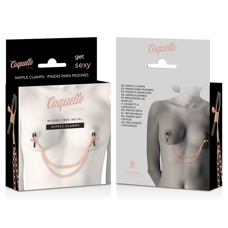Clips per capezzoli in metallo fantasia con catena, prodotto Coquette Fantasy, dettagli decorativi e design elegante.