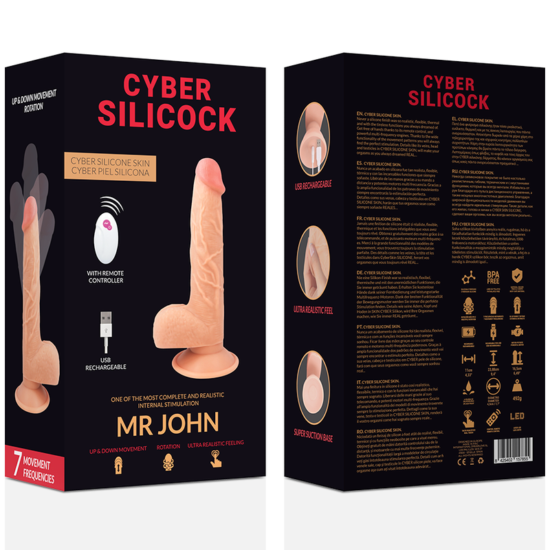 Telecomando realistico CYBER SILICOCK Mr John, 23.88 cm di lunghezza e 4.3 cm di diametro, in silicone nero.
