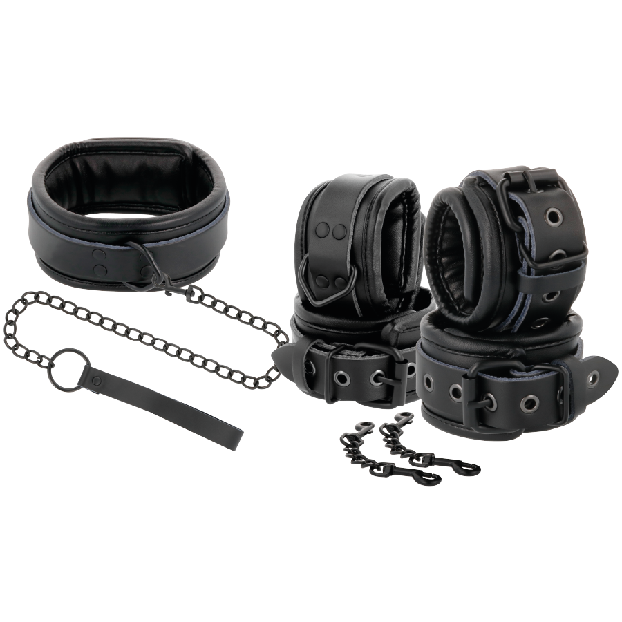 Manette e colletto in pelle nera del prodotto Darkness, accessori eleganti e di alta qualità in pelle nera.