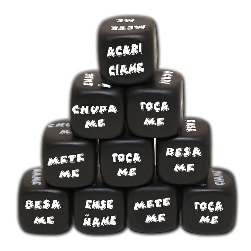 Dadi azione neri Diablo Picante, gioco di società con dadi colorati e design originale, su sfondo neutro.