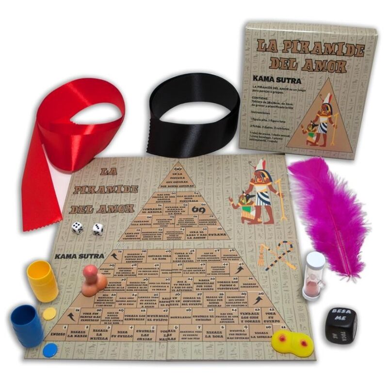 Gioco di strategia Diablo Picante "Il gioco della piramide dell'amore" con scatola e pezzi colorati su sfondo neutro