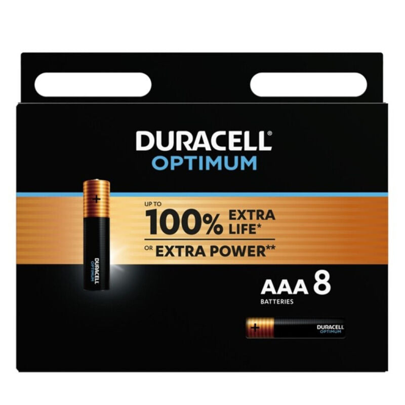 Set di 8 batterie alcaline AAA Duracell Optimum LR03 con confezione aperta, visibile in immagine.
