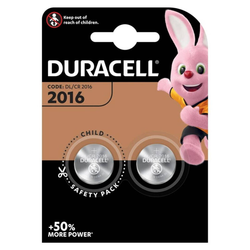 Pila a bottone Duracell CR2016 al litio da 3V, confezione da 2 batterie compatibili con dispositivi elettronici.