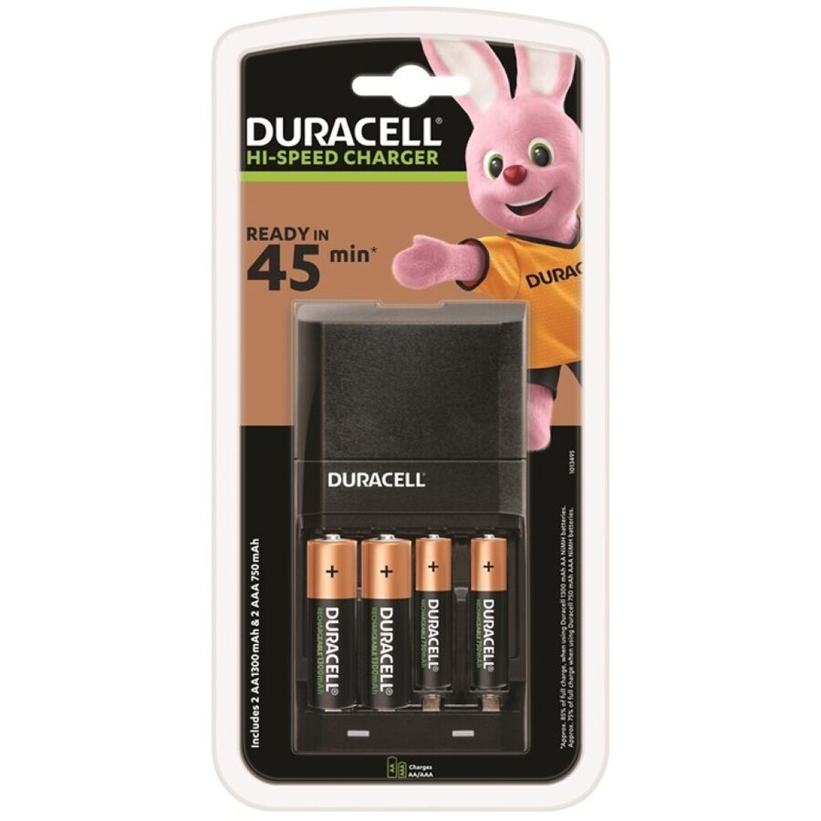 Caricatore Duracell da 45 minuti con 2 batterie AA 1700mAh e 2 AAA 750mAh, pronto per ricaricare dispositivi elettronici.