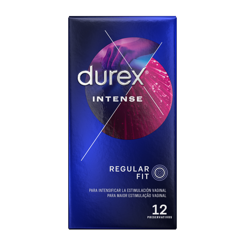 Confezione di 12 preservativi Durex Orgasmic Intenso, dettagli visivi del packaging con logo e testo descrittivo.