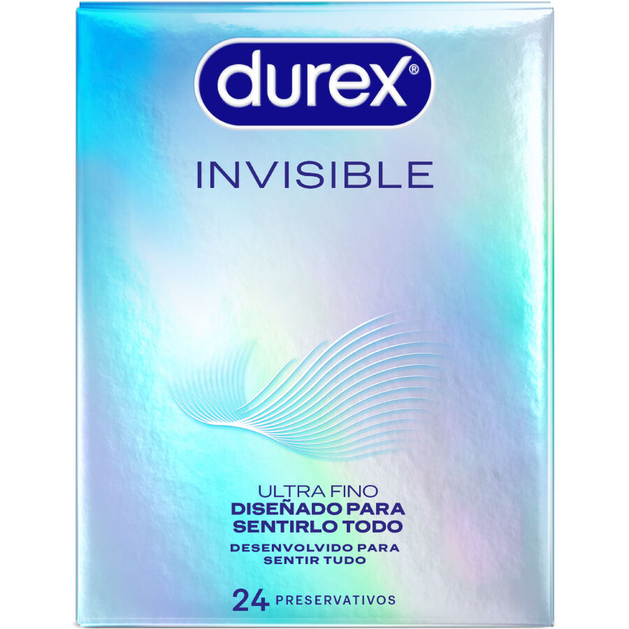 Preservativi invisibili ultra sottili Durex, confezione da 24 unità, confezione con dettagli e logo Durex.