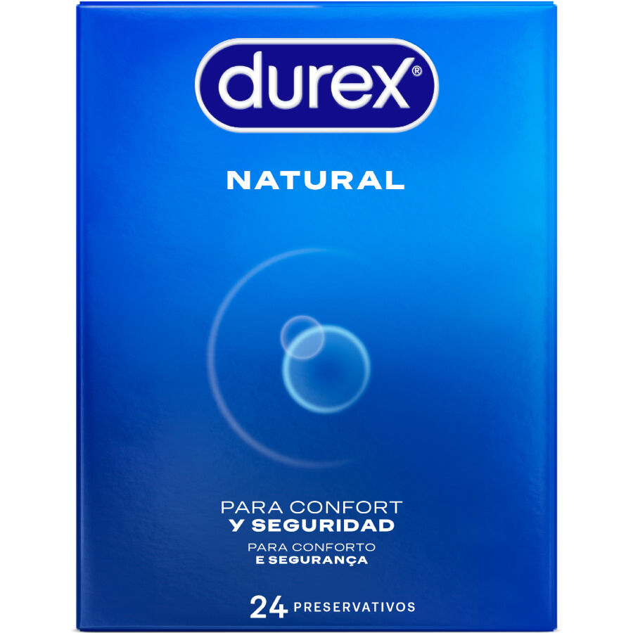 Confezione di 24 preservativi naturali Durex, prodotti per la protezione e il piacere, visibili nella confezione.
