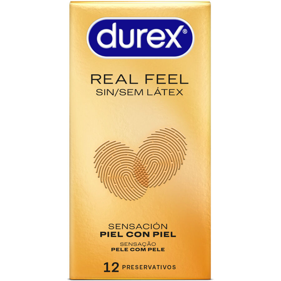 Preservativi Durex Real Feel senza lattice, confezione da 12 unità, con confezione e dettagli visibili.