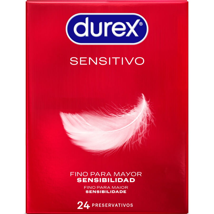 Preservativi Durex Sensitive, confezione da 24 unità, con logo e immagini di preservativi in lattice morbido.
