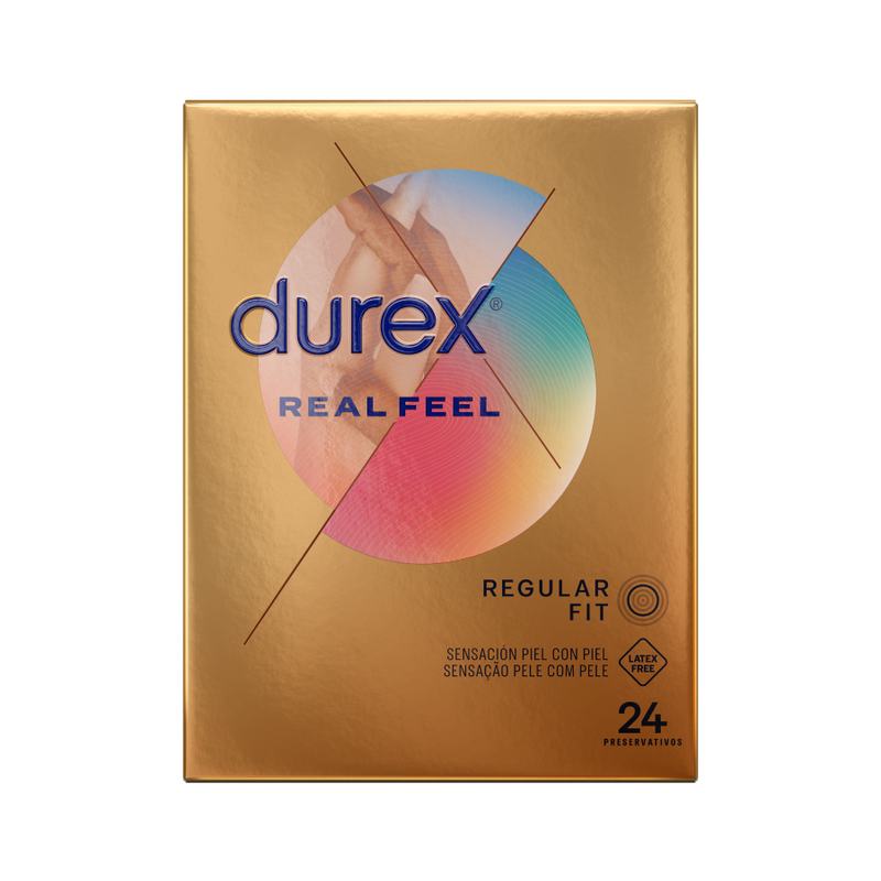 Confezione di 24 preservativi Durex Sensazione Reale con dettagli visibili sulla confezione e il marchio Durex.