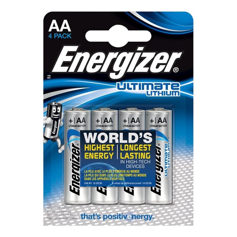 Pacco da 4 batterie alcaline AA Energizer Ultimate Litio L91 LR6 da 1,5V, immagini delle batterie con etichette e polarità visibili