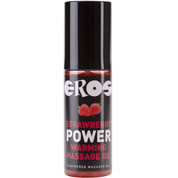 Olio da massaggio riscaldante EROS POWER LINE alla fragola, bottiglia con etichetta e tappo, per massaggi rilassanti e riscaldanti
