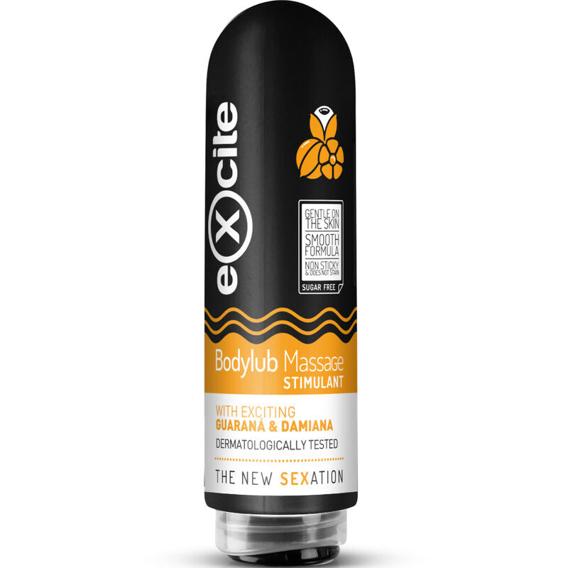 Gel massaggi stimolante corpo EXCITE Bodylube Guaran 200 ml, con texture trasparente e applicatore aperto e pronto all’uso.
