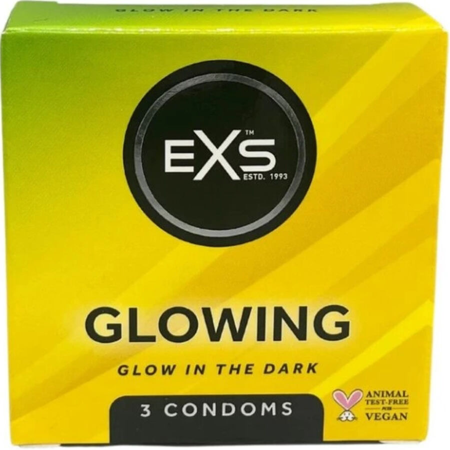 Condoms EXS Brillanti nel Buio, confezione con preservativi trasparenti e lucenti, ideale per momenti intimi e romantici.