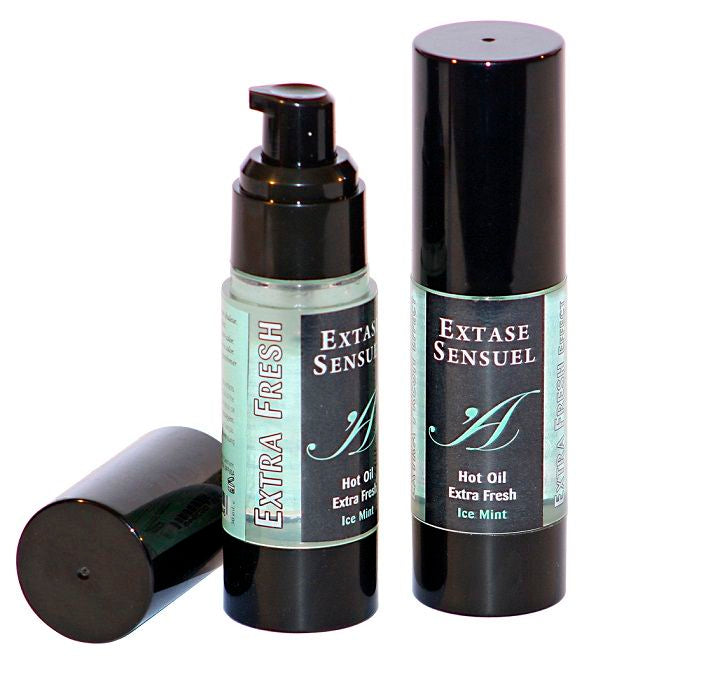 Olio da massaggio EXTASE SENSUAL con effetto ghiaccio extra fresco, bottiglia da 30 ml, prodotto per il benessere sensuale.