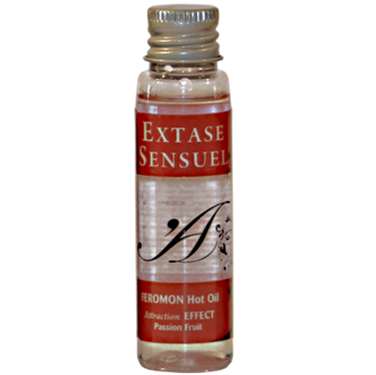 Olio da massaggio EXTASE SENSUAL con effetto calore e feromoni, frutto della passione, 35 ml, contenitore elegante.