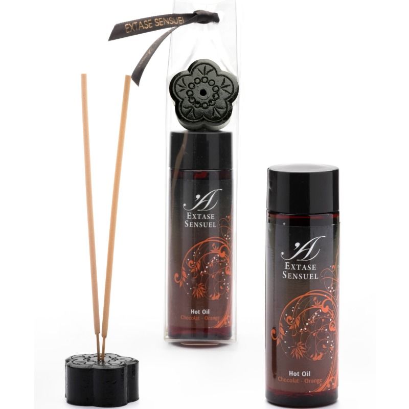 Olio stimolante al cioccolato e arancia di Extase Sensual, bottiglia da 100 ml con etichetta colorata e dettagli.