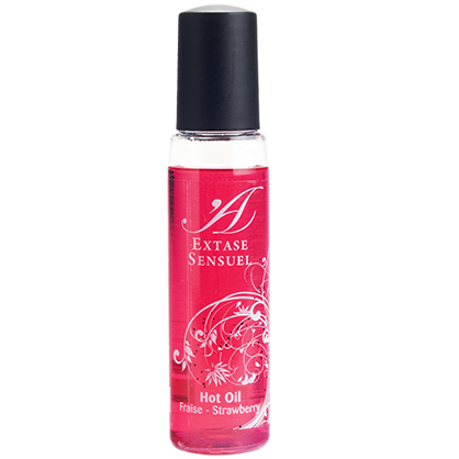 Olio stimolante Heat Trip alla fragola di EXTASE SENSUAL, flacone da 35 ml, con etichetta colorata e dettagli del prodotto