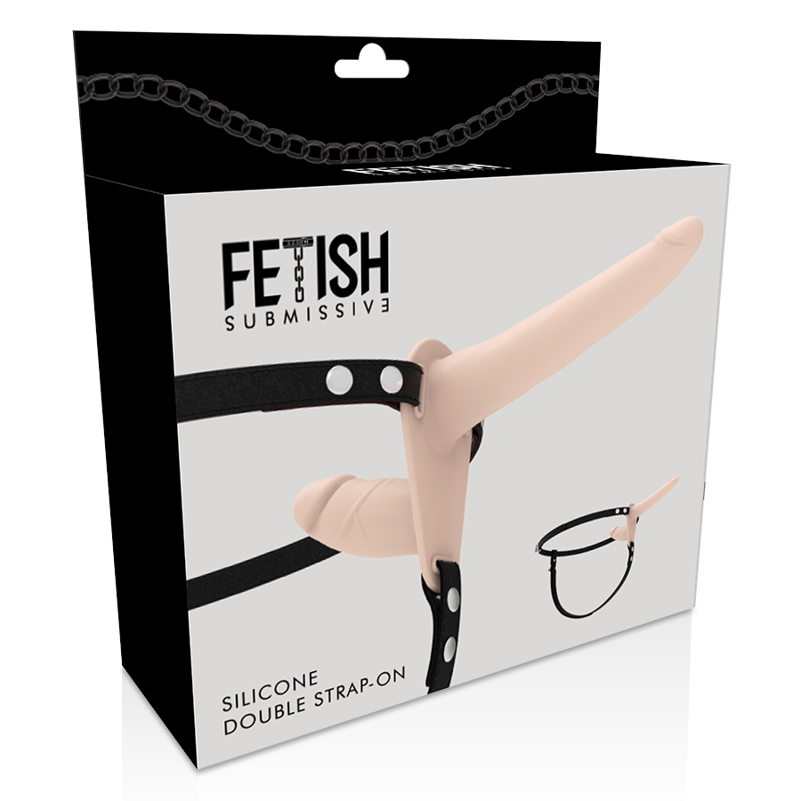 Imbracatura fetish submissive con doppia penetrazione in carne, mostrata in primo piano, per adulti e giochi di ruolo.