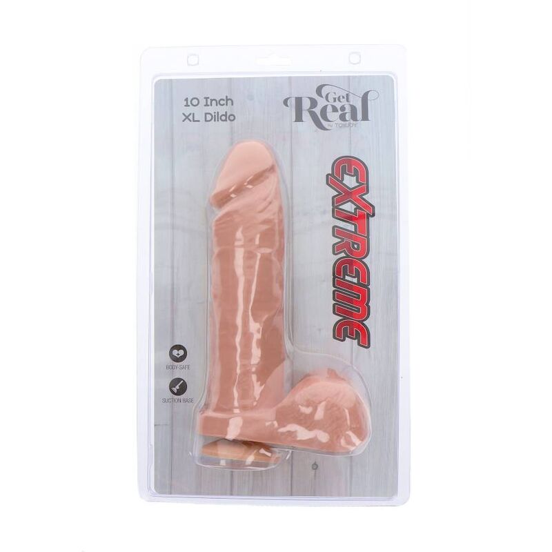Dildo GET REAL Extreme XL in pelle di 25,5 cm, realistico e dettagliato, ideale per piacere e stimolazione.