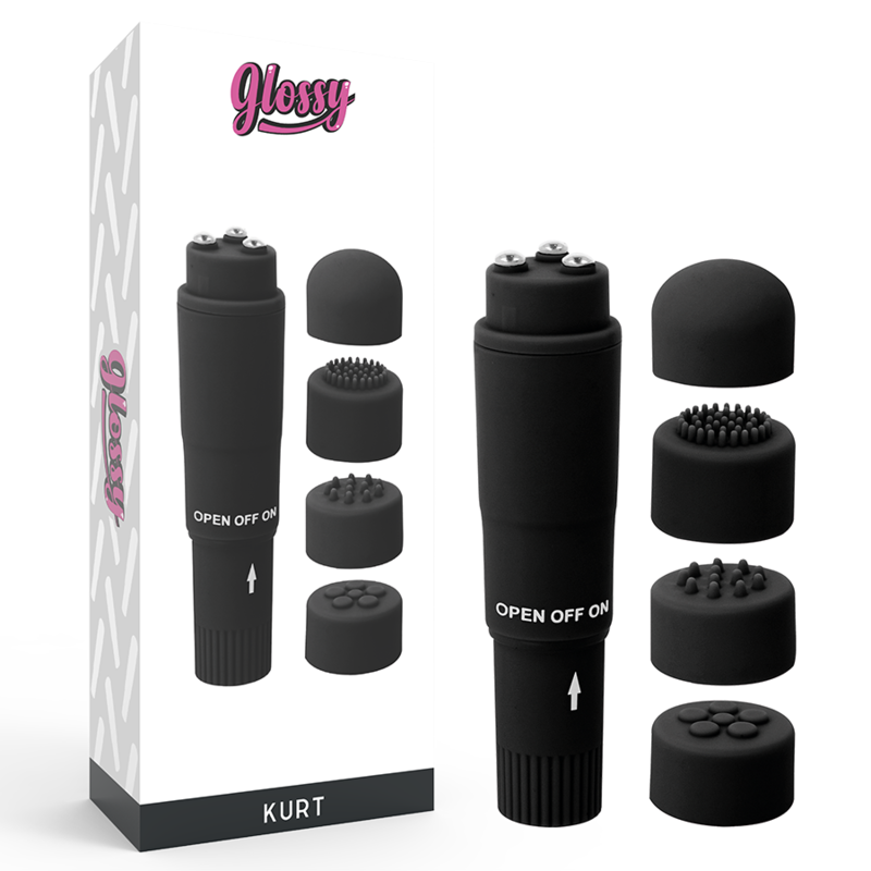 Massaggiatore tascabile Kurt GLOSSY nero con superficie lucida e compatto, ideale per relax e massaggi portatili.