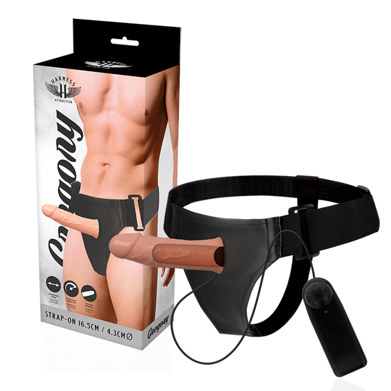 Immagine del harness Attraction Gregory Hollow con vibratore da 16,5 cm e 4,3 cm, in dettaglio, colore nero.