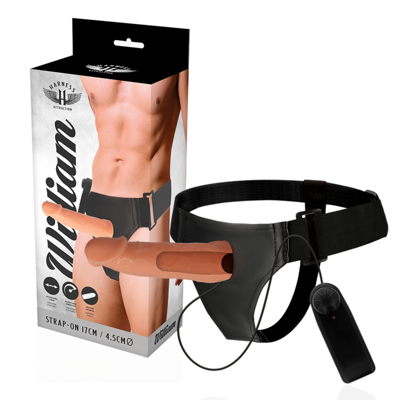 Immagine di un harness Attraction Willian Hollow con vibratore di 17 cm e 4,5 cm di diametro, in dettaglio.