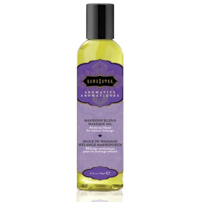 Olio da massaggio Kamasutra Miscela Armonica, flacone da 59 ml con etichetta nera e oro, ideale per massaggi rilassanti.