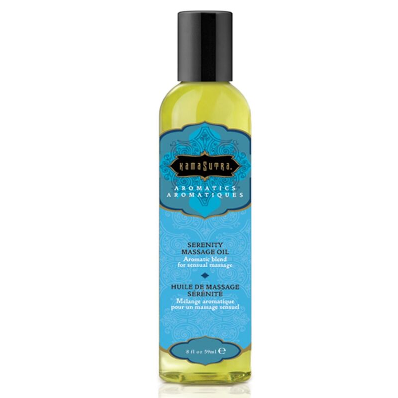 Olio da massaggio Kamasutra Serenit, 59 ml, bottiglia con tappo nero, ideale per massaggi rilassanti e aromaterapia.
