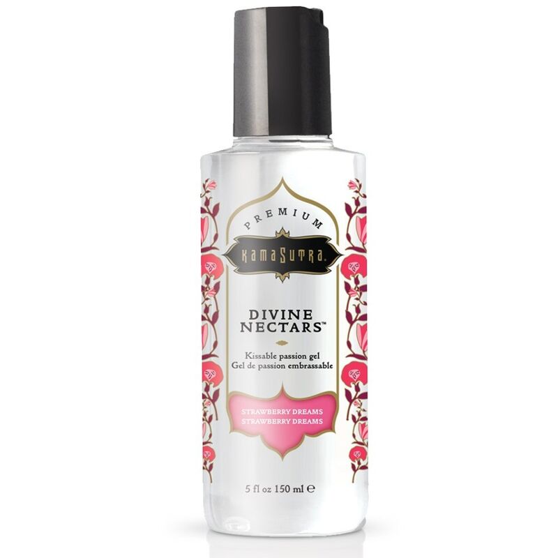 Lubrificante Kamasutra Divine Nectars Sogno di Fragola in bottiglia da 150 ml, bottiglia di plastica con etichetta colorata.