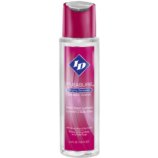 Lubrificante a base acqua ID PLEASURE da 130 ml, bottiglia trasparente con etichetta bianca e tappo blu, visibile in primo piano