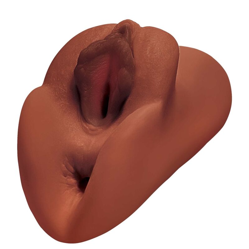 Masturbatore PDX PLUS FIGA PERFETTA doppio stroker con vagina e ano, marrone, dettagli realistici e morbidi.